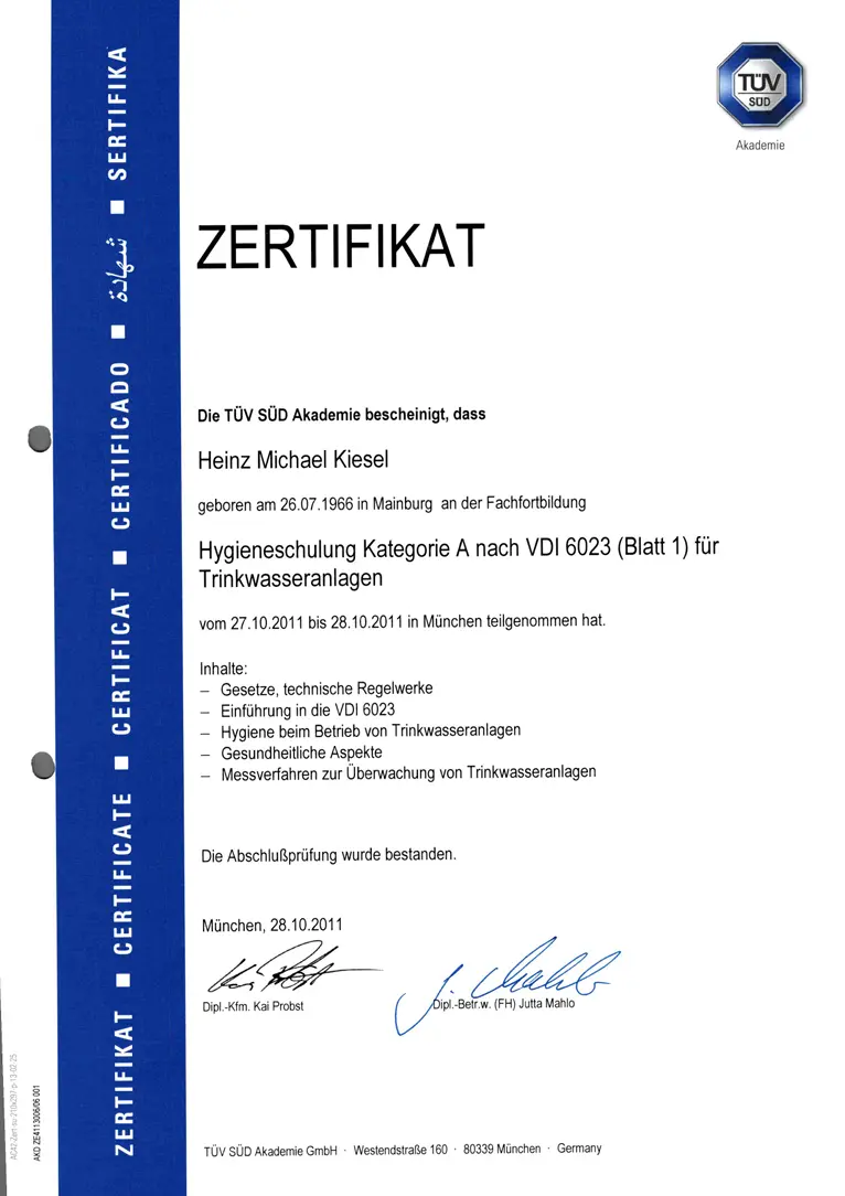 Zertifikat 9 von Heinz Kiesel und Söhne